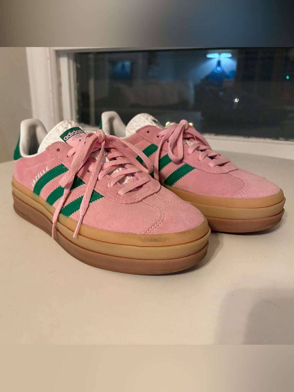 adidas gazelle platform Pink Suede Sneakers with Green Stripes and Gum Sole